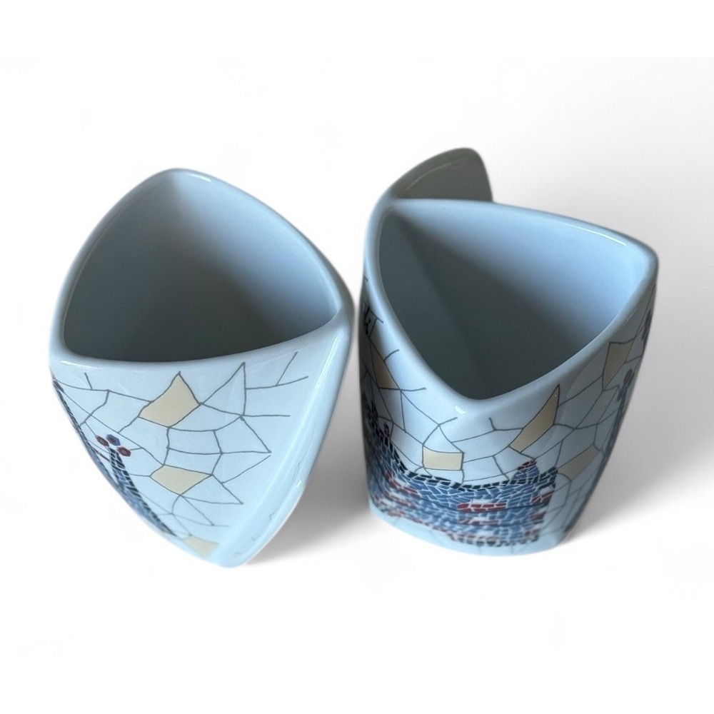 Set Of 2 Antoni Gaudi Barcelona Mugs Sagrada Familia Mosaic Triangle Shape - Picture 9 of 10